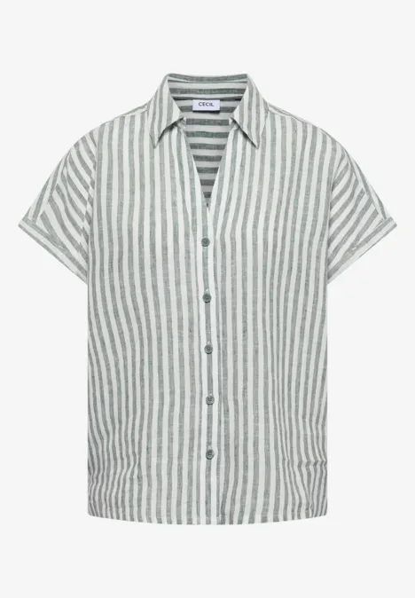 Leichtes, kurzärmeliges Hemd mit Knopfleiste, weiß-grau vertikal gestreift.