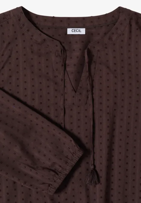 Braune Bluse mit dezentem Punktmuster, V-Ausschnitt und Kordeln