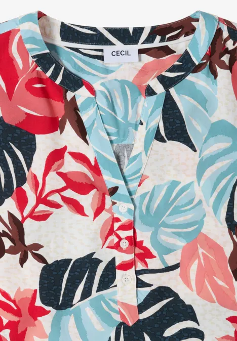 Buntes T-Shirt mit tropischem Blumen- und Blättermuster, kurzärmelig und knöpfbarem Ausschnitt