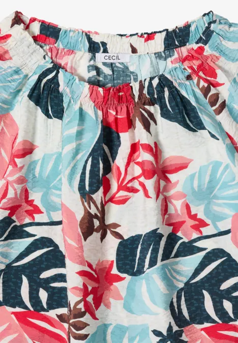 Weißes Top mit elastischem Rundhalsausschnitt und tropischem Blätterprint in Blau, Rot und Braun.