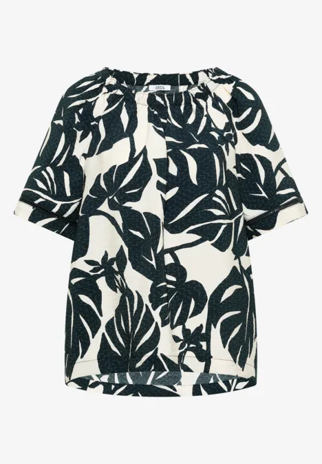 Witte top met zwart bladpatroon en blote schouders