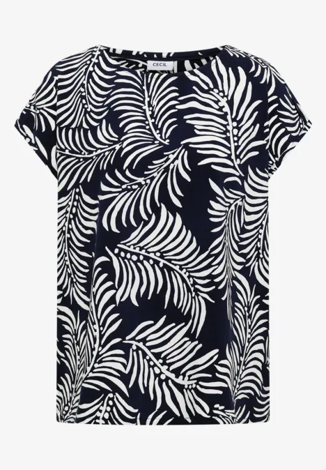Haut noir à manches courtes avec motif de feuilles blanches et encolure ronde.