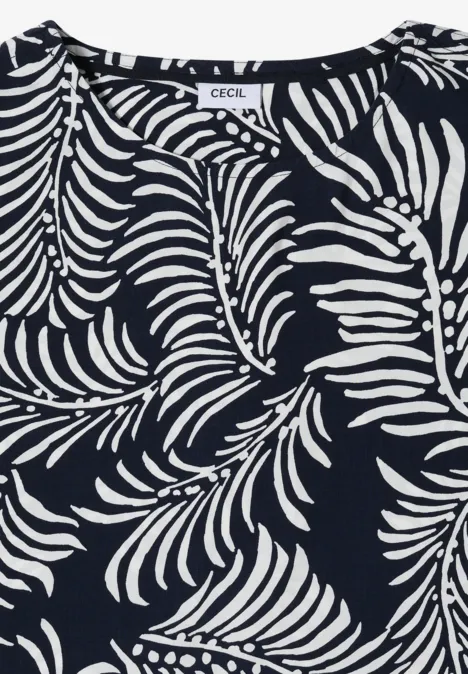 Dropped Shoulder Shirt mit Print universal blue Schwarzes Top mit weißem Blattmuster und rundem Halsausschnitt.