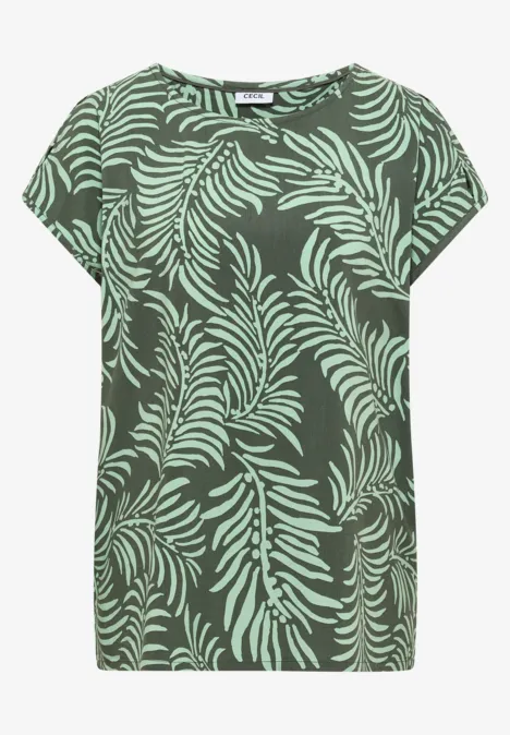 T-shirt vert avec motif de grandes feuilles vert clair.