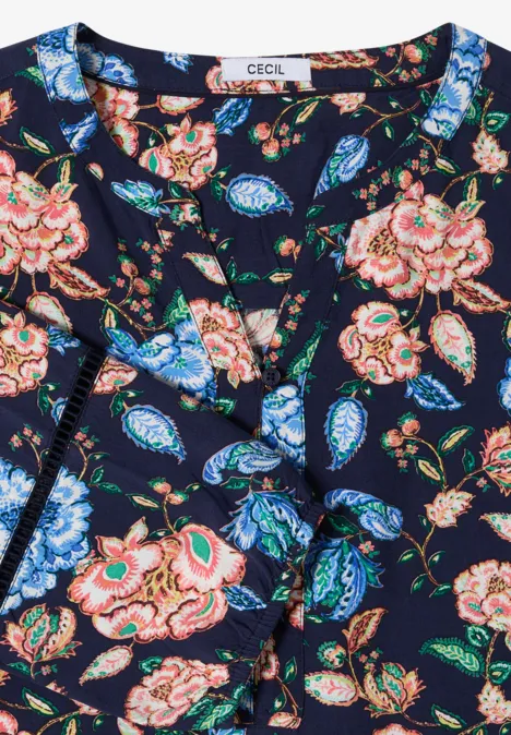 Dunkelblaue Bluse mit farbigem Blumenmuster und V-Ausschnitt (Marke CECIL).