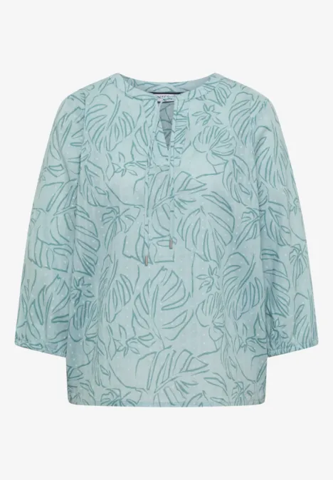 Türkisfarbene Bluse mit Blattmuster, 3/4-Ärmeln und rundem Schlitzhals