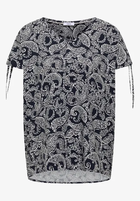 Overhemd met gerimpeld detail universal blue Damesblouse met korte mouwen, zwart-wit paisleyprint en strikjes aan de mouwen