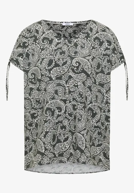 Overhemd met gerimpeld detail khaki Donker shirt met wit paisley-patroon, ronde hals, korte mouwen met strik