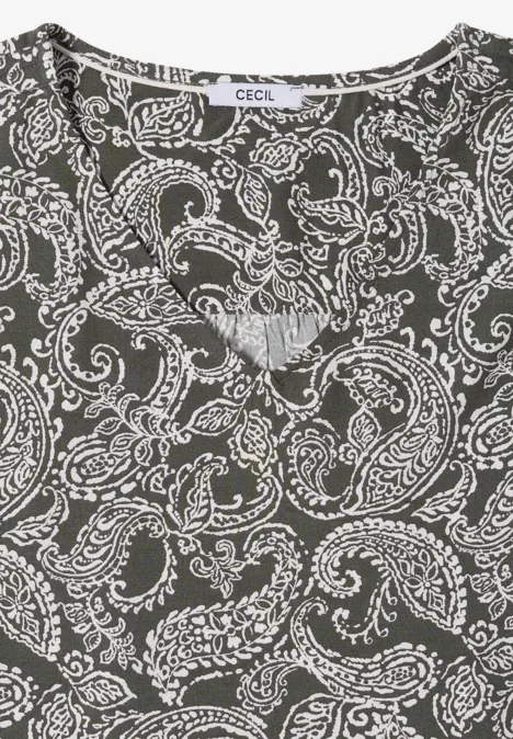 Overhemd met gerimpeld detail khaki Donkergrijs topje met witte paisley-print en V-hals.