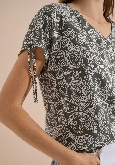Overhemd met gerimpeld detail khaki Grijs paisley-shirt met V-hals en bindlintjes aan de mouwen.