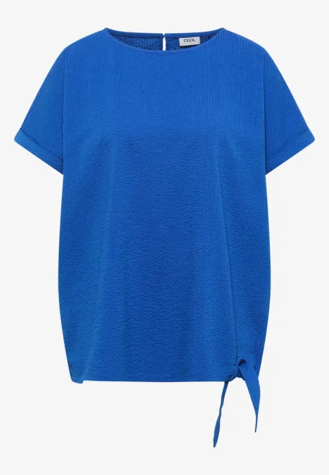 Blouse met ronde hals en knoopdetail surf blue Losvallend blauw T-shirt met korte mouwen en een knoopdetail aan de zijkant