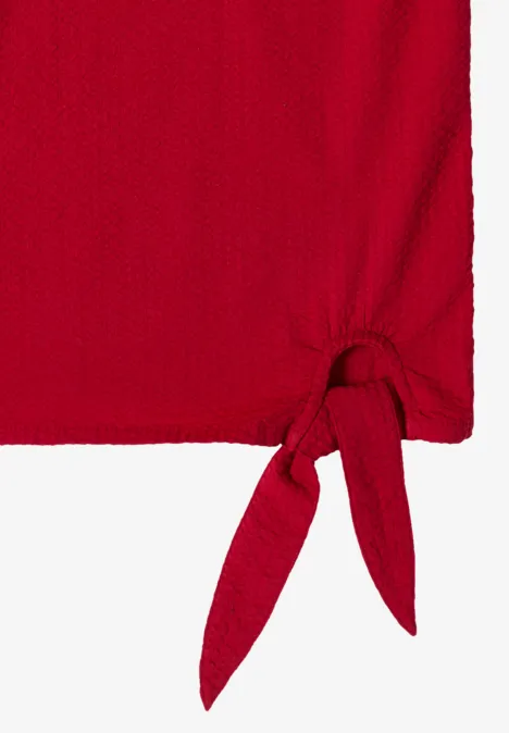 Blouse met ronde hals en knoopdetail tamarillo red Rode, gestructureerde stof met een knoop in een hoek.