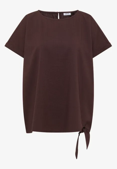 Blouse met ronde hals en knoopdetail brown cacao Bruin T-shirt met korte mouwen, ronde hals en zijstrik.