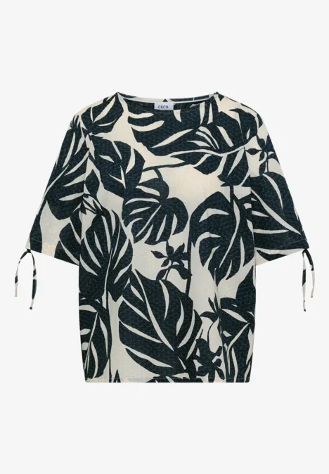 Blouse avec col rond et fronces palm breeze green Haut crème à imprimé feuilles noires et manches froncées avec liens