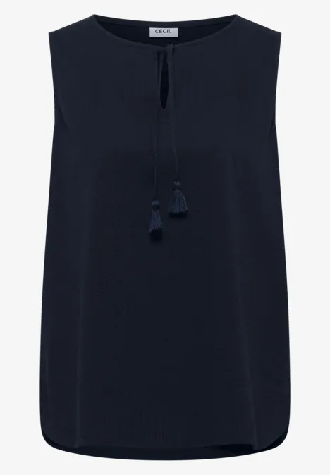 Blusentop mit Split Neck und Bändern universal blue Ärmelloses Top in Marineblau mit Rundhalsausschnitt und vorderem Schlitz mit Quasten.