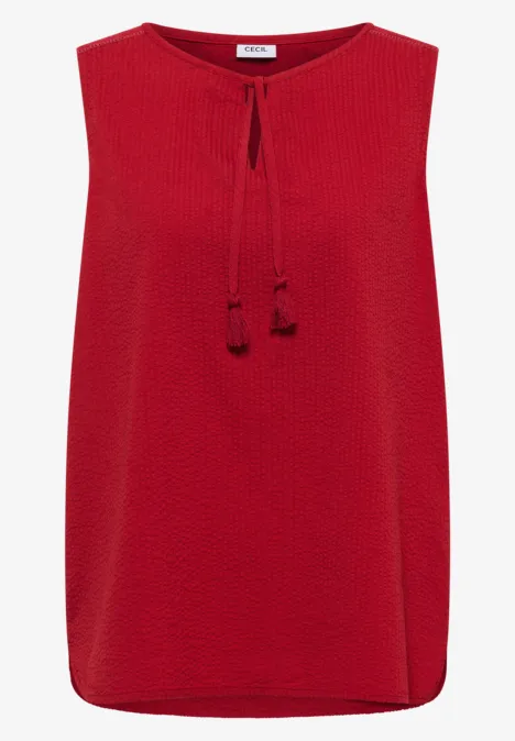 Blusentop mit Split Neck und Bändern tamarillo red Ärmellose, rote Bluse mit feiner Struktur und Tunnelzug-Bindebändern.