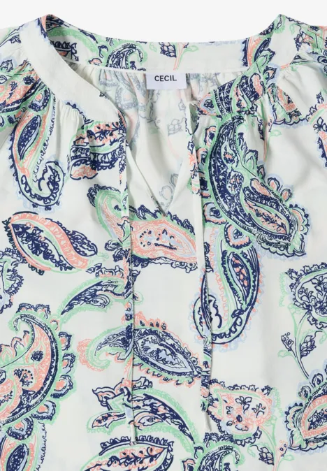 Weißes Top mit buntem Paisley-Muster in Blau und Rosa