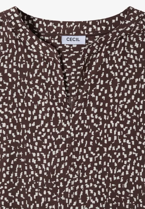 Chemisier marron à motifs blancs irréguliers, encolure ronde, marque CECIL.