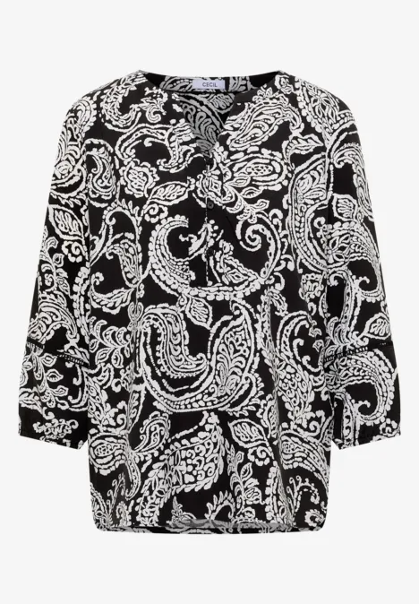 Tuniek met 3/4-mouwen en print Black Zwarte blouse met witte paisley-print en driekwartmouwen