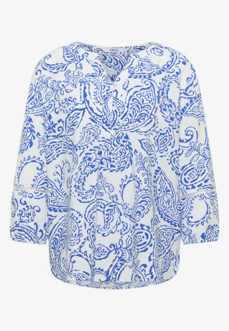 Witte damesshirt met blauw paisleydessin