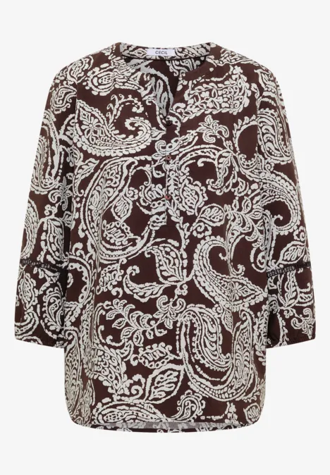 Tuniek met 3/4-mouwen en print brown cacao Losvallende bruine blouse met wit paisleymotief en driekwartmouwen.