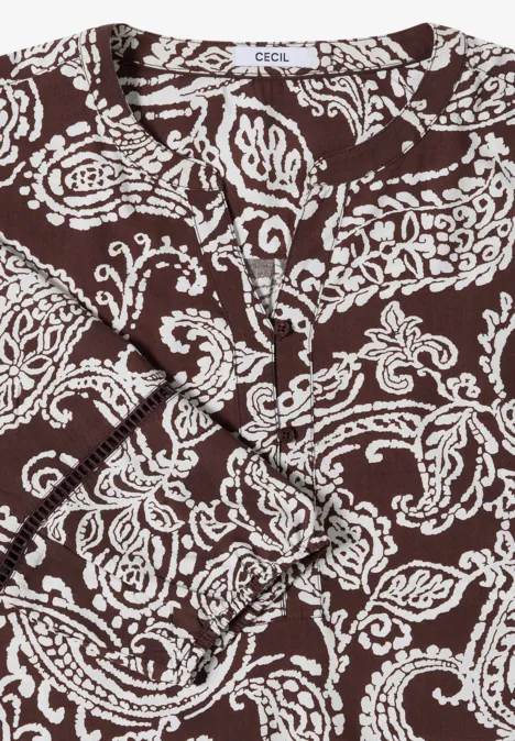 Tuniek met 3/4-mouwen en print brown cacao Bruine wikkeltop met witte paisleyprint en gedraaide knoop aan de voorkant.