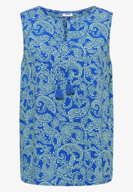 Ärmellose Bluse mit blau-grünem Paisley-Muster und V-Ausschnitt mit Quasten.