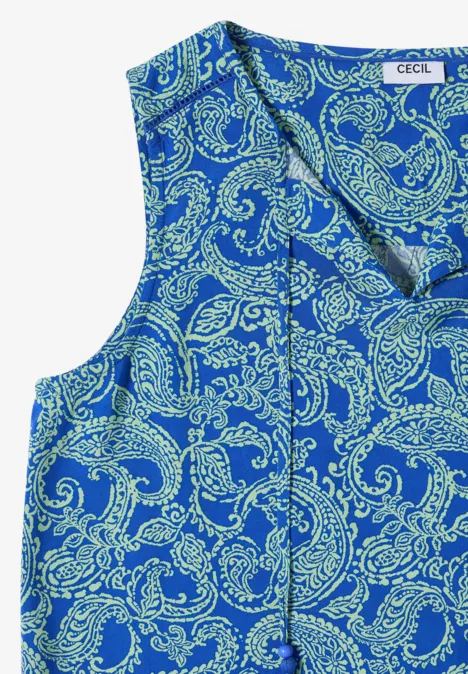 Ärmelloses Top in kräftigem Blau mit hellem Paisley-Muster.
