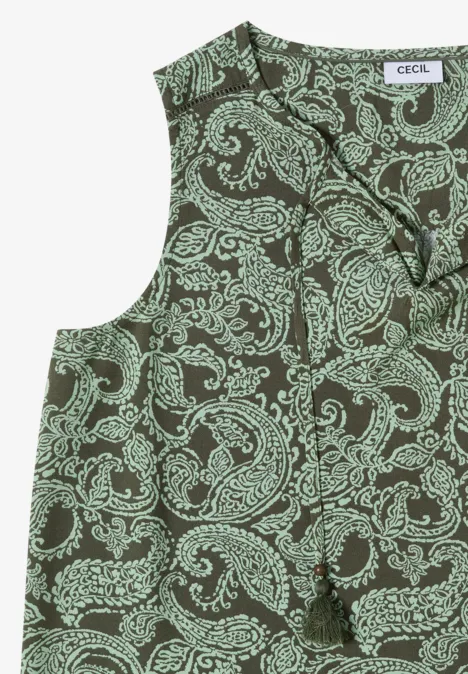 Ärmelloses Top mit mintfarbenem Paisley-Print auf dunklem Grund, modischer V-Ausschnitt und lockerer Schnitt.