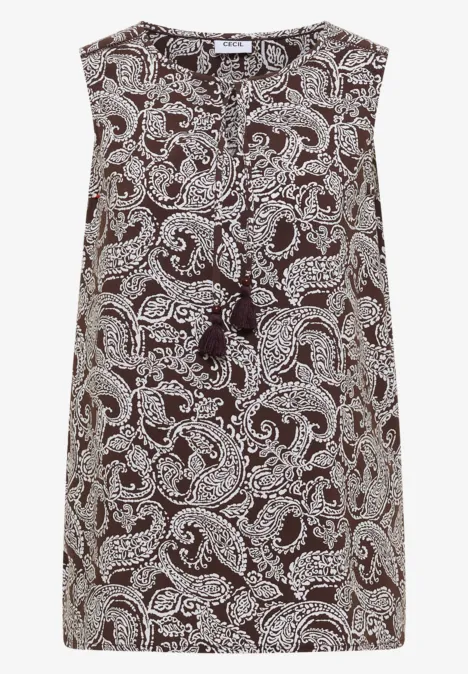Top sans manches marron à motif paisley blanc et encolure en V