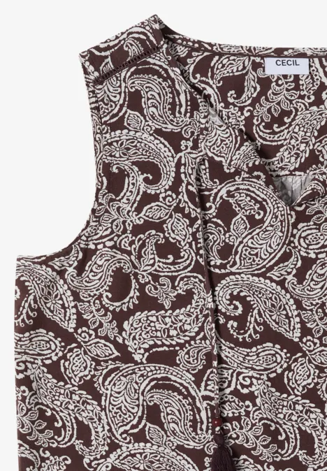Haut marron sans manches avec motif cachemire blanc, fines bretelles et étiquette CECIL, style décontracté