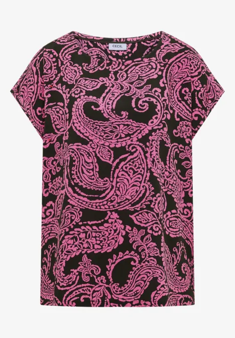 Blusenshirt mit Rundhals und Print raw khaki Schwarzes T-Shirt mit auffälligem rosa Paisley-Muster.