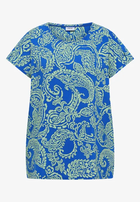 Blusenshirt mit Rundhals und Print surf blue Locker geschnittenes Kurzarmshirt in Blau mit cremefarbenem Paisley-Muster.