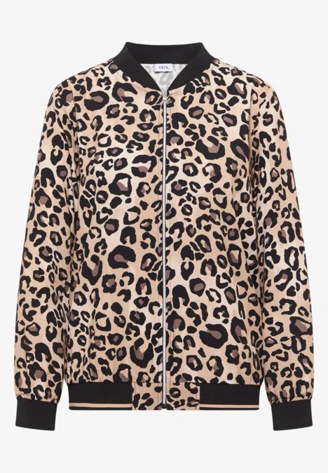 Leichter Blouson mit Zipper und Leo-Print urban taupe Beige Bomberjacke mit Leomuster und schwarzem Kragen, Bündchen und Saum