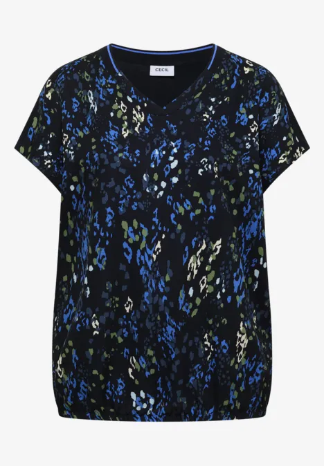 Chemisier à manches courtes avec mélange de textures urban dark blue Schwarz-blau-grünes T-Shirt mit abstraktem Blattmuster und V-Ausschnitt.