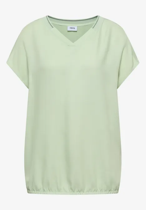 Mintgrünes Damen-T-Shirt mit V-Ausschnitt, lockeren Ärmeln und elastischem Saum.