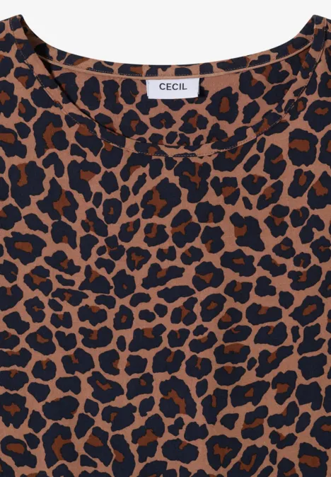 Chemisier à épaules tombantes avec nœud creamy mocha Braunes T-Shirt mit schwarzem Leopardenmuster und Rundhalsausschnitt, Marke CECIL