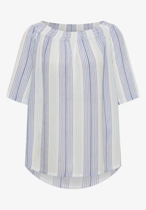Carmen-Bluse mit Streifenmuster deep river blue Lockeres schulterfreies Damen-Top mit halblangen Ärmeln und vertikalen Streifen in Weiß, Hellblau und Gelb.