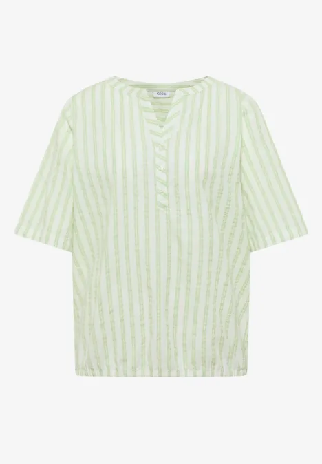 Chemisier à manches courtes, à col fendu et rayures raw matcha lime Hellgrün-weiß gestreiftes, locker geschnittenes Kurzarmshirt mit V-Ausschnitt und Knopfleiste.