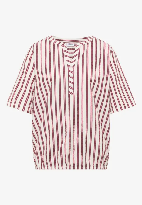 Chemisier à manches courtes, à col fendu et rayures russet red Locker geschnittene Bluse mit roten und weißen Streifen, kurzem Arm und Knopfleiste.