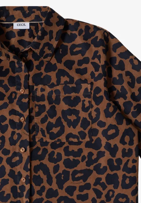 Overhemd met korte mouwen van corduroy met luipaardprint creamy mocha Bruin overhemd met zwarte luipaardprint.