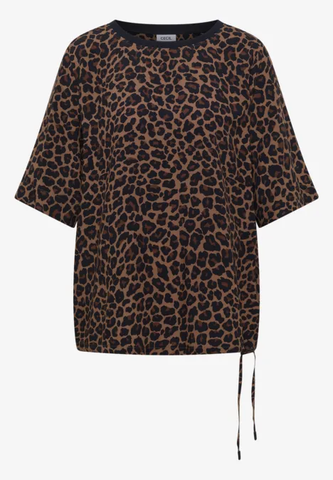 Blouse met korte mouwen en luipaardprint creamy mocha Damen-T-Shirt in schwarzem Leo-Muster mit halblangen Ärmeln und Tunnelzug am Saum
