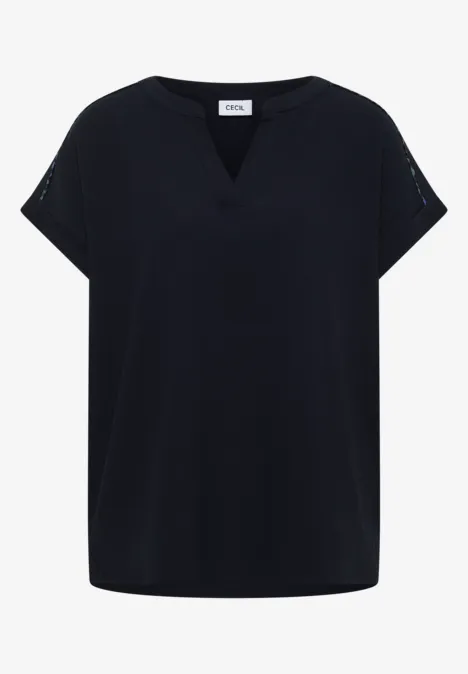 Schwarzes, kurzärmeliges Damen-Shirt mit V-Ausschnitt und lockerer Passform