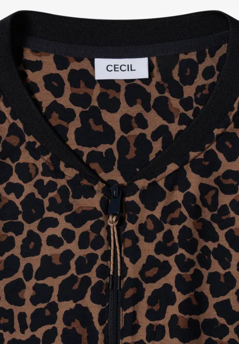 Blouson mit Zipper und Leo-Muster creamy mocha Braunes Oberteil mit schwarzem Leopardenmuster, schwarzem Besatz und Kordelverschluss am Rundhalsausschnitt