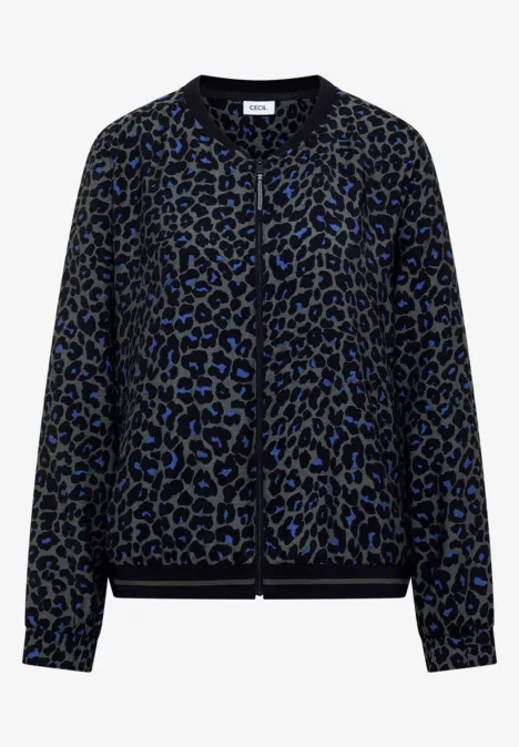Veste bomber noire à motif léopard bleu, fermeture boutonnée et bords-côtes au col, aux manches et à l’ourlet