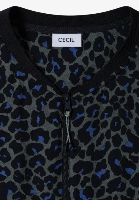 Gilet femme CECIL plié, à fermeture éclair, imprimé léopard bleu et gris foncé.
