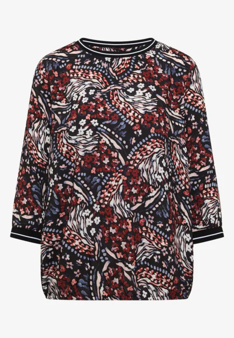 Dunkelbluse mit buntem, floralen Muster und 3/4-Ärmeln