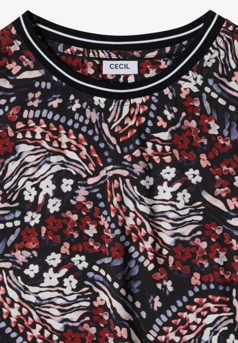 Blouse met 3/4-mouwen en print raw chocolate brown Dames T-shirt van CECIL, zwart met knoop, rood-wit-blauw bloemen- en streeppatroon.