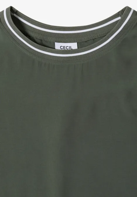 Blouse met 3/4-mouwen en contrasterende details dried olive green Olivengroen mouwloos shirt met ronde hals en witte en zwarte streep bij de kraag, merk CECIL.