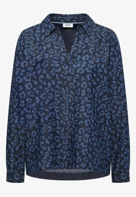 Langarm Bluse mit Laser-Print Dark blue wash Dunkelblaue Damenbluse mit Leomuster, V-Ausschnitt, Stehkragen und langen Ärmelbündchen.